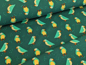 Preview: Reststück Baumwolljersey Vogel Puffin Petrol 50 x 150 cm